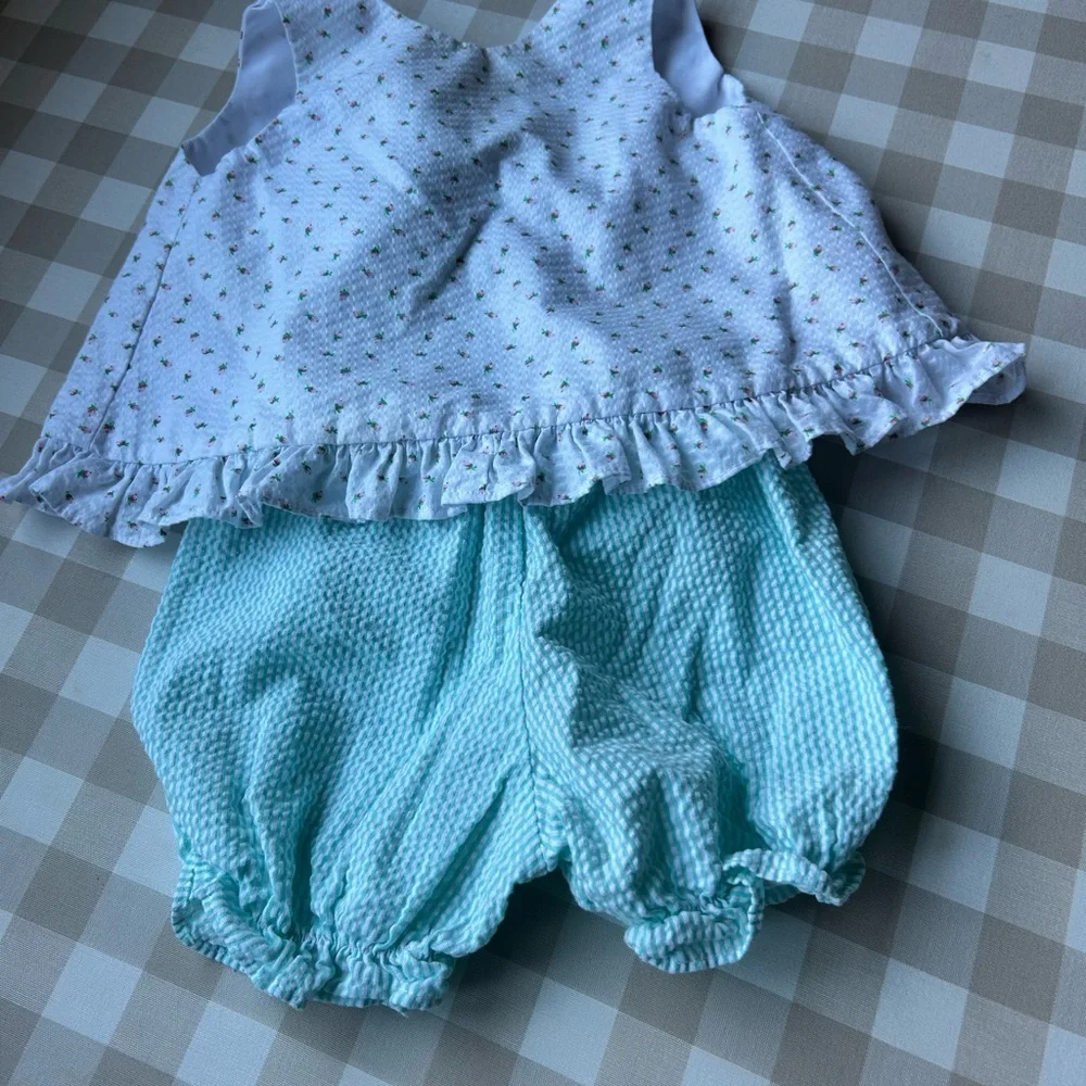 James & Lottie Floral Seersucker Bloomer Set Mint Gingham 12 Months